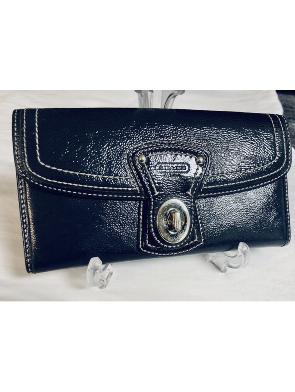 Vtg Y2K Coach Legacy Navy Patent Leather Accordion Turn Lock Flap Trifold Wallet